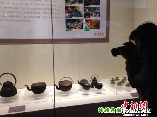 图为：普洱茶马文化风情展上陈列着大小不一、形态各异的茶壶。　于立霄　摄