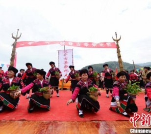 广西龙胜各族自治县龙脊镇中禄村瑶族群众在表演采茶舞。吴生斌　摄